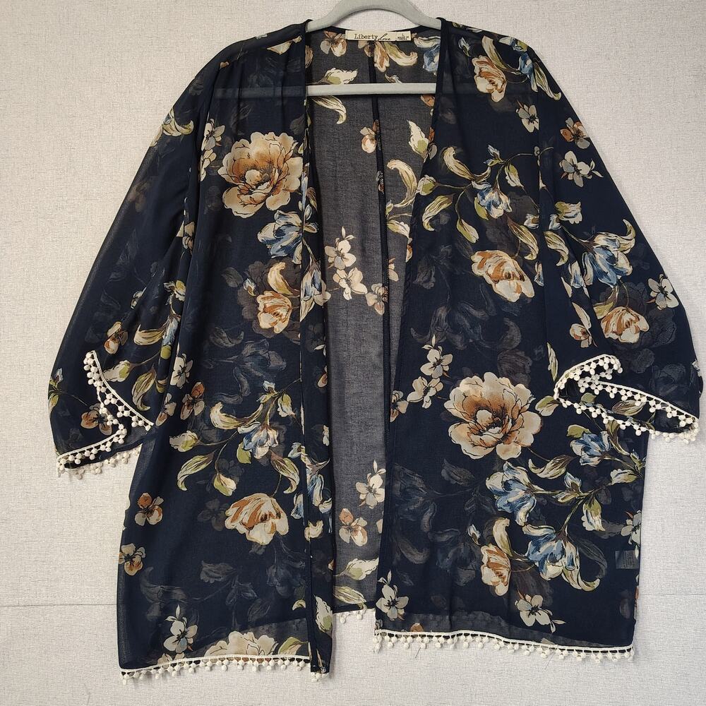 Liberty Love Floral Kimono L Sheer Navy Pom Pom Boho Fairycore Cardigan